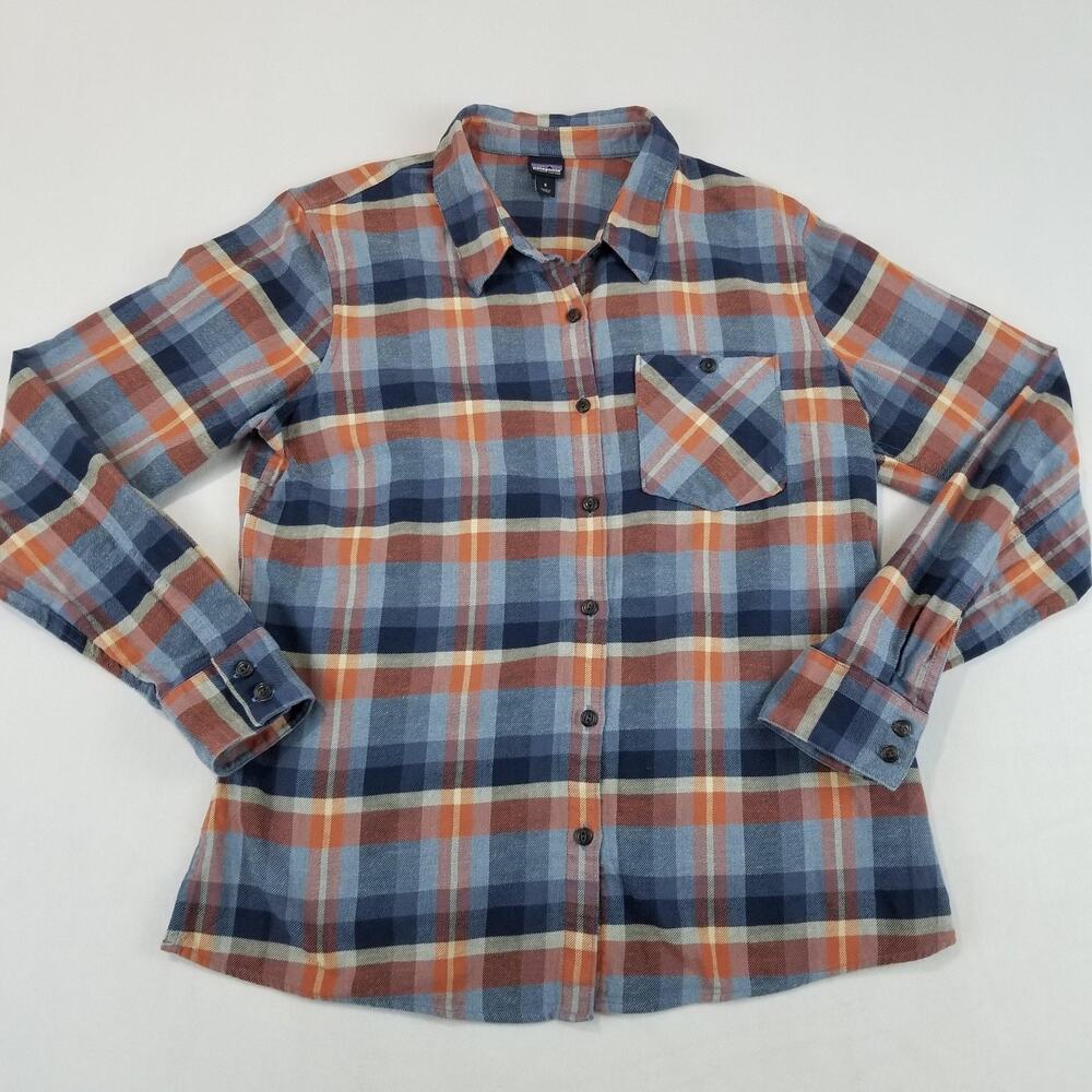 Patagonia Shirt Womens 8 Blue Plaid Organic Cotton Flannel Button Front Top